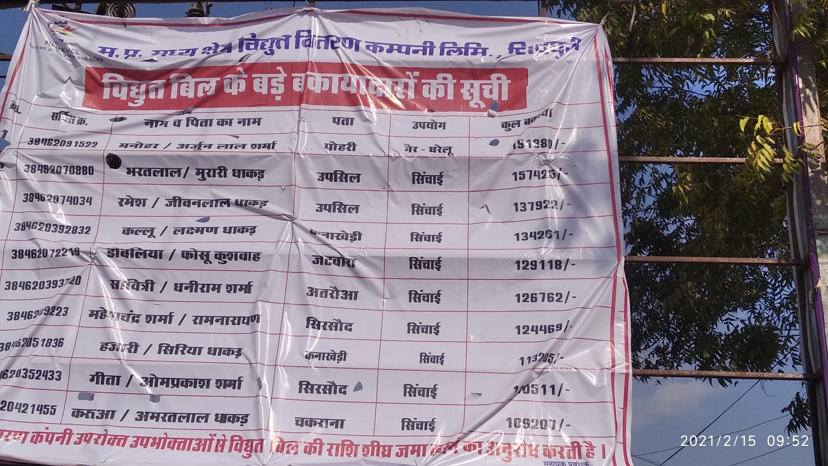 पोहरी विधुत विभाग ने विद्युत बकायेदारों के टांगे पोस्टर